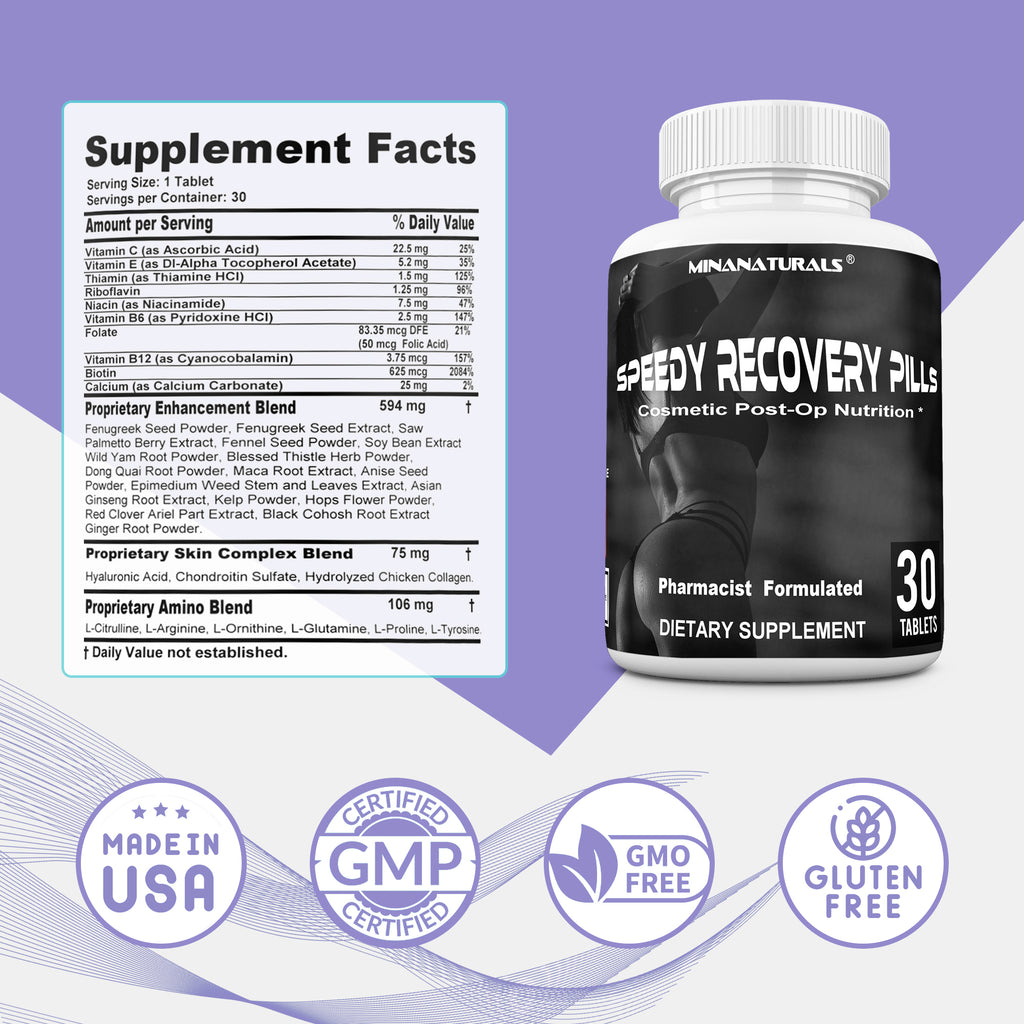 SPEEDY RECOVERY Pills Post Surgery Recovery Supplement. Scar Support Vitamins. Promotes Collagen and Fast Wound Healing. Specially Formulated for Post op Cosmetic Surgeries. 30 Tablets