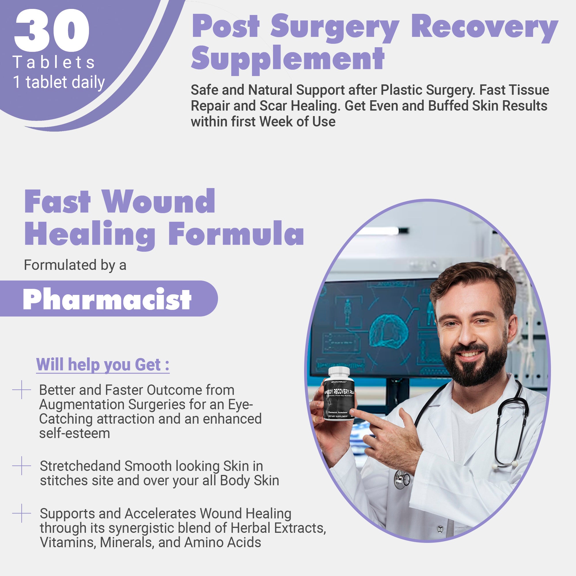 SPEEDY RECOVERY Pills Post Surgery Recovery Supplement. Scar Support Vitamins. Promotes Collagen and Fast Wound Healing. Specially Formulated for Post op Cosmetic Surgeries. 30 Tablets