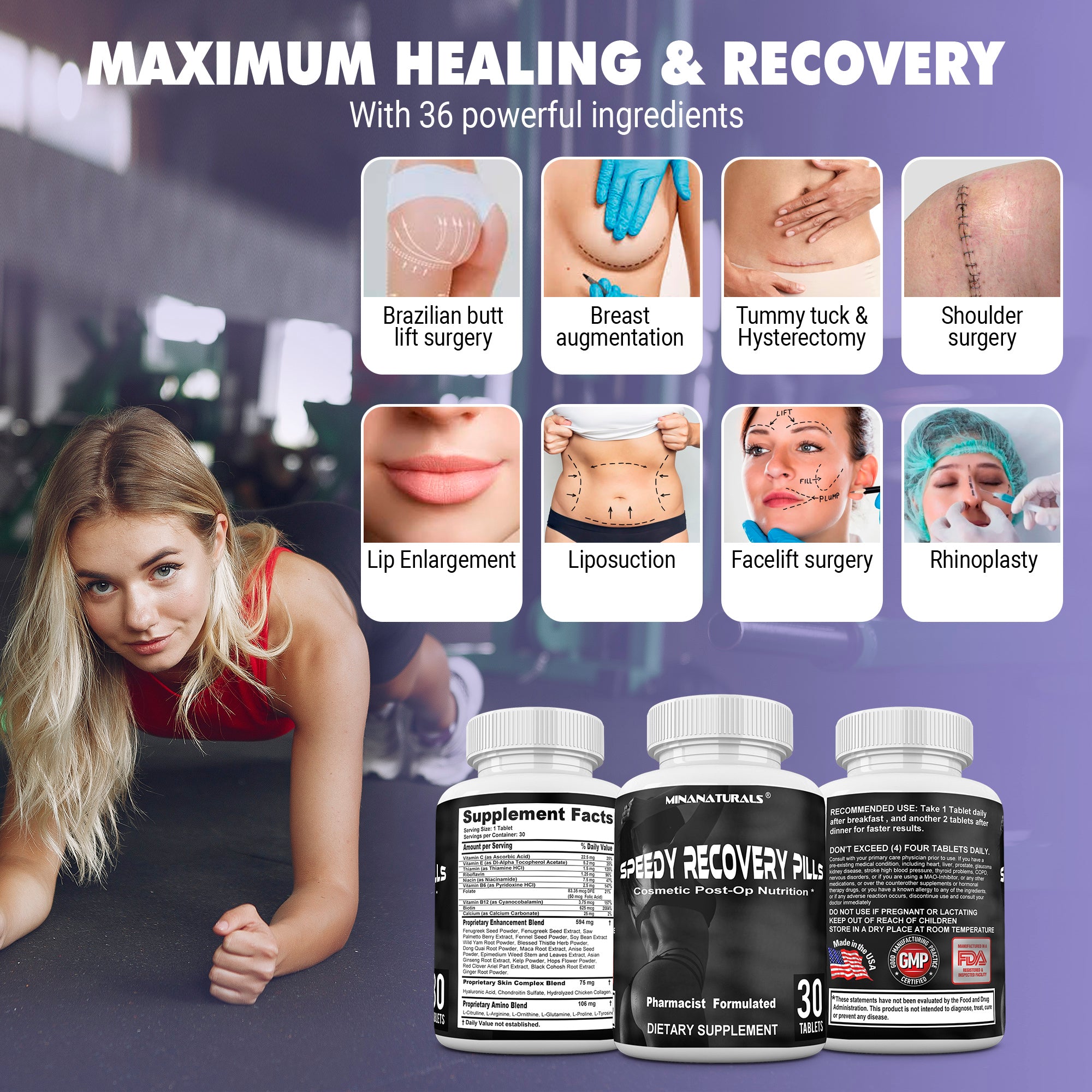 SPEEDY RECOVERY Pills Post Surgery Recovery Supplement. Scar Support Vitamins. Promotes Collagen and Fast Wound Healing. Specially Formulated for Post op Cosmetic Surgeries. 30 Tablets
