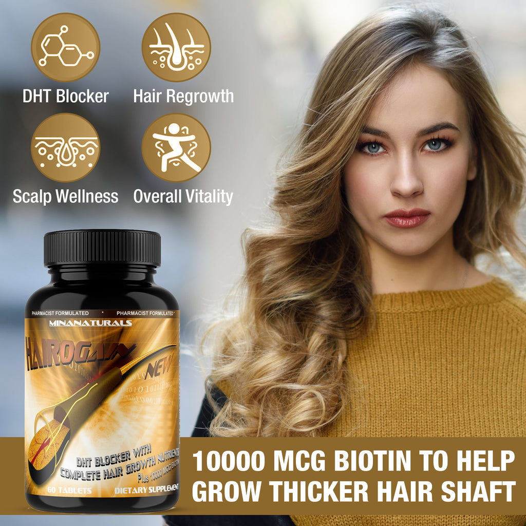 HAIROGAIN DHT  Blocker. Support Hair Growth. 10000 mcg Biotin, Keratin, Collagen, Iron and Hair Vitamins. Decrease Hair loss And Baldness. 60 Tablets