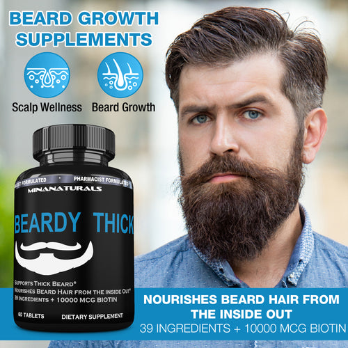 BEARDY THICK  Beard Growth Supplement. B7 - Biotin 10000 mcg, Keratin, Collagen, Silica, and 36 More. Regrow Thicker, Stronger Facial Hair Regrowth Treatment. 60 Tablets
