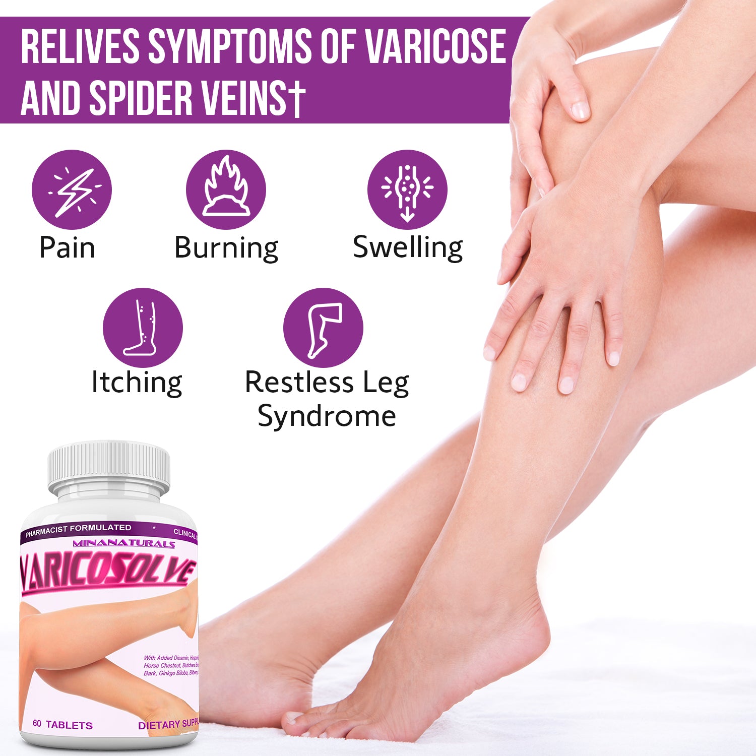 VARICOSOLVE® The Natural Varicose Vein and Spider Vein Relief. Improve Circulation. 60 Tablets