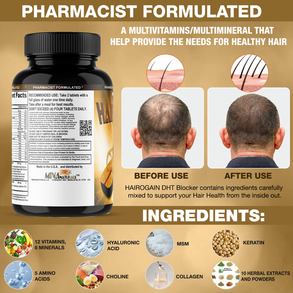 HAIROGAIN DHT  Blocker. Support Hair Growth. 10000 mcg Biotin, Keratin, Collagen, Iron and Hair Vitamins. Decrease Hair loss And Baldness. 60 Tablets