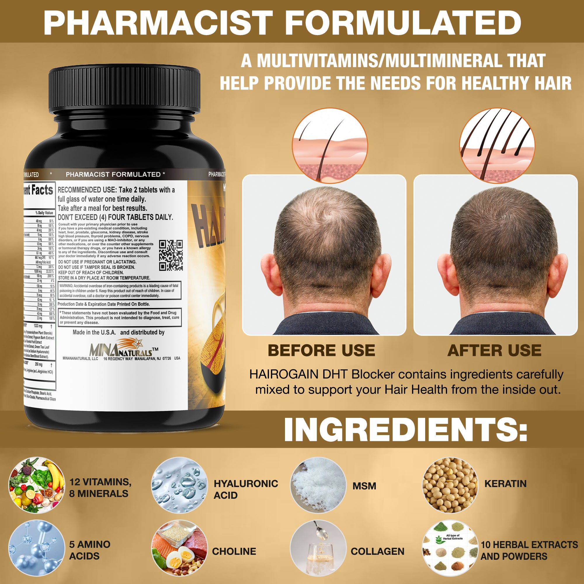 HAIROGAIN DHT  Blocker. Support Hair Growth. 10000 mcg Biotin, Keratin, Collagen, Iron and Hair Vitamins. Decrease Hair loss And Baldness. 60 Tablets