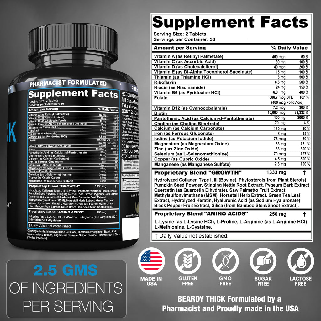 BEARDY THICK  Beard Growth Supplement. B7 - Biotin 10000 mcg, Keratin, Collagen, Silica, and 36 More. Regrow Thicker, Stronger Facial Hair Regrowth Treatment. 60 Tablets
