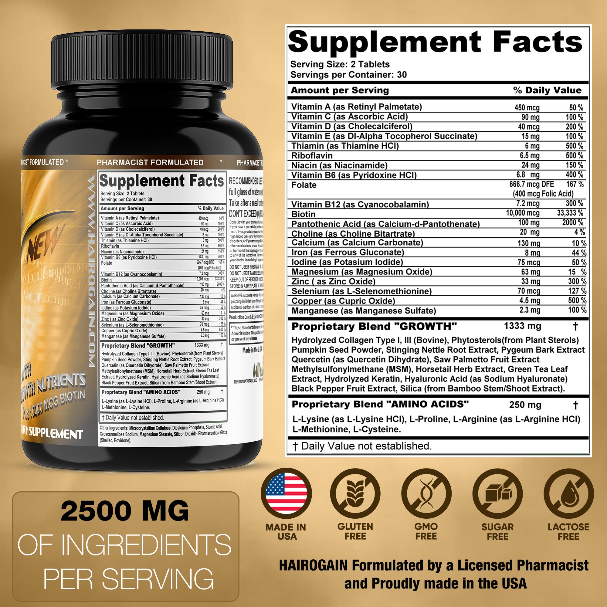 HAIROGAIN DHT  Blocker. Support Hair Growth. 10000 mcg Biotin, Keratin, Collagen, Iron and Hair Vitamins. Decrease Hair loss And Baldness. 60 Tablets