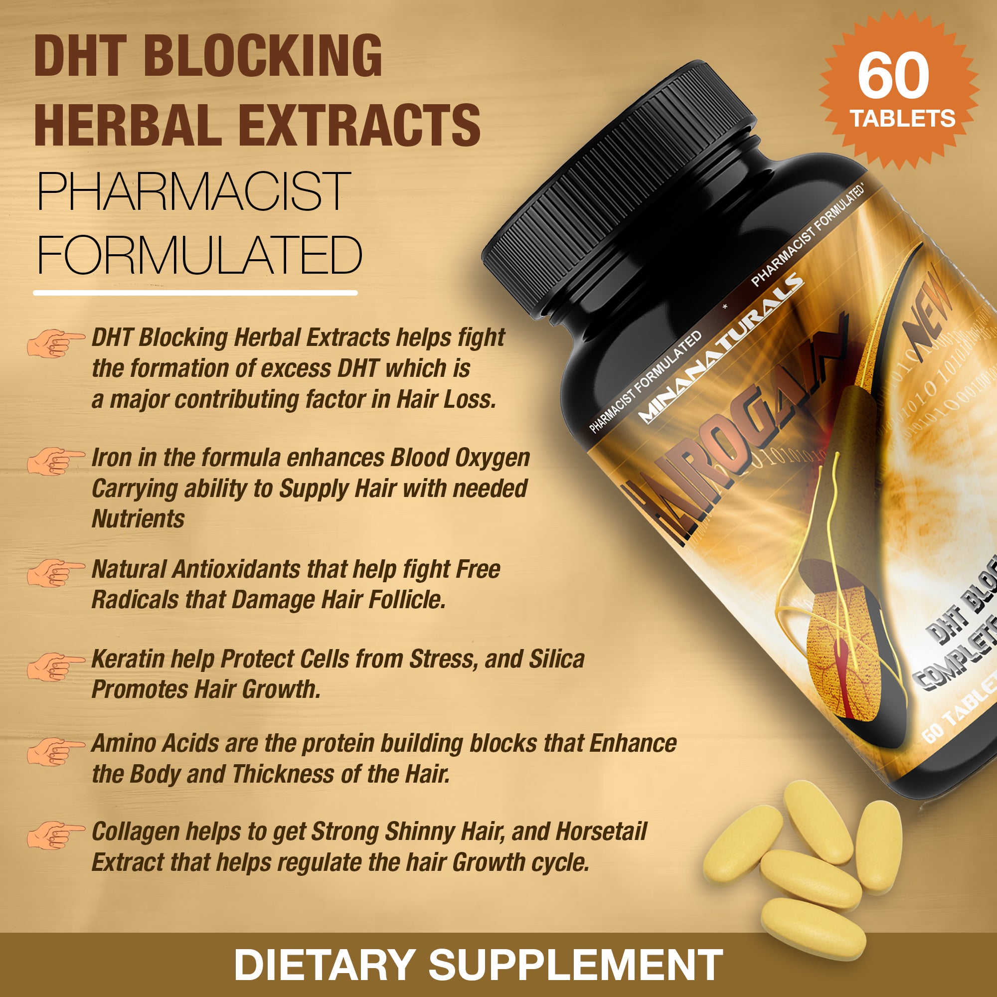 HAIROGAIN DHT  Blocker. Support Hair Growth. 10000 mcg Biotin, Keratin, Collagen, Iron and Hair Vitamins. Decrease Hair loss And Baldness. 60 Tablets