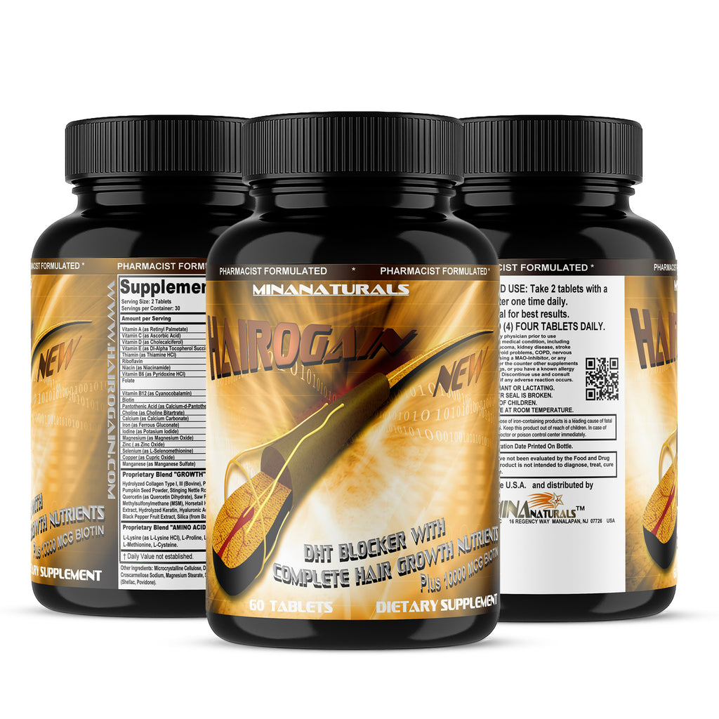 HAIROGAIN DHT  Blocker. Support Hair Growth. 10000 mcg Biotin, Keratin, Collagen, Iron and Hair Vitamins. Decrease Hair loss And Baldness. 60 Tablets