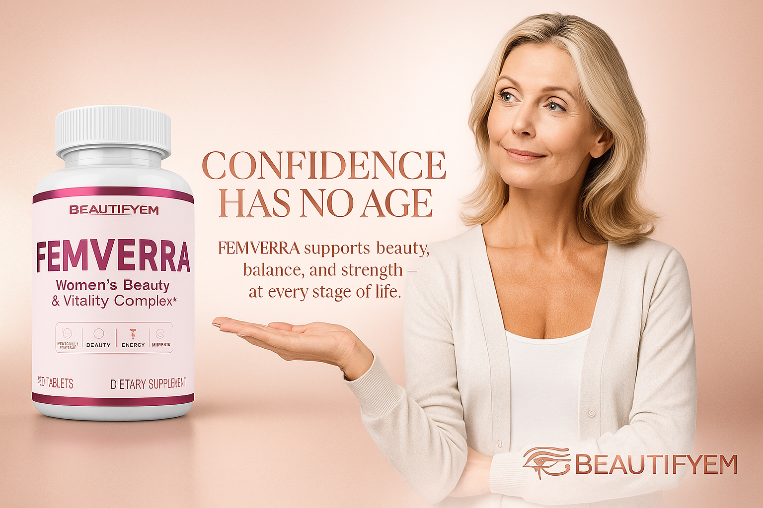 FEMVERRA Women 40+ Beauty & Anti-Aging Complex – Collagen, Vitamins, Amino & Herbal Extracts for Skin Elasticity, Hormone Balance, Curves & Energy – Support a Youthful Glow, Firm Curves & Vitality.