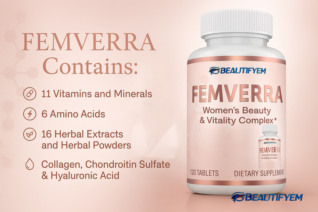 FEMVERRA Women 40+ Beauty & Anti-Aging Complex – Collagen, Vitamins, Amino & Herbal Extracts for Skin Elasticity, Hormone Balance, Curves & Energy – Support a Youthful Glow, Firm Curves & Vitality.