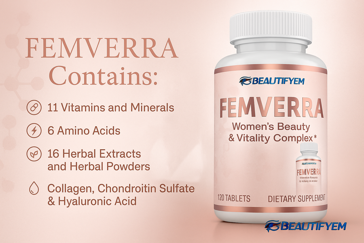 FEMVERRA Women 40+ Beauty & Anti-Aging Complex – Collagen, Vitamins, Amino & Herbal Extracts for Skin Elasticity, Hormone Balance, Curves & Energy – Support a Youthful Glow, Firm Curves & Vitality.