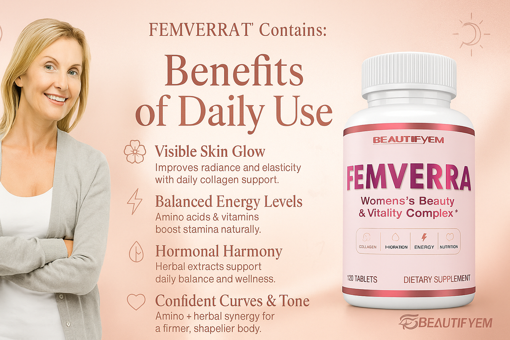 FEMVERRA Women 40+ Beauty & Anti-Aging Complex – Collagen, Vitamins, Amino & Herbal Extracts for Skin Elasticity, Hormone Balance, Curves & Energy – Support a Youthful Glow, Firm Curves & Vitality.