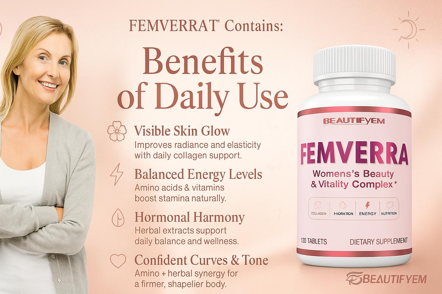 FEMVERRA Women 40+ Beauty & Anti-Aging Complex – Collagen, Vitamins, Amino & Herbal Extracts for Skin Elasticity, Hormone Balance, Curves & Energy – Support a Youthful Glow, Firm Curves & Vitality.