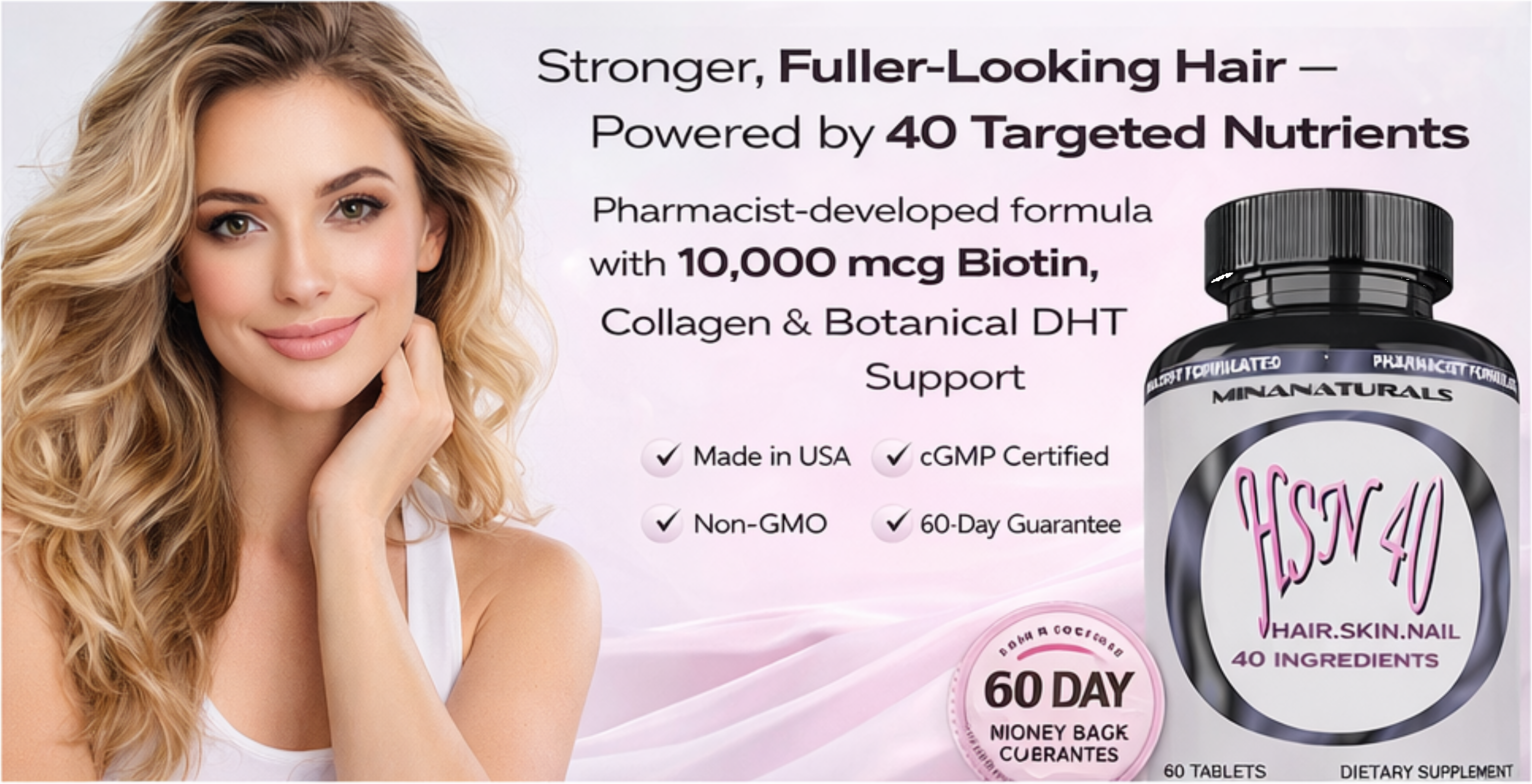HSN 40 Hair Growth Vitamins – 40-Ingredient Hair, Skin & Nails Formula with 10,000 mcg Biotin, Collagen, Keratin & DHT Support – 60 Tablets