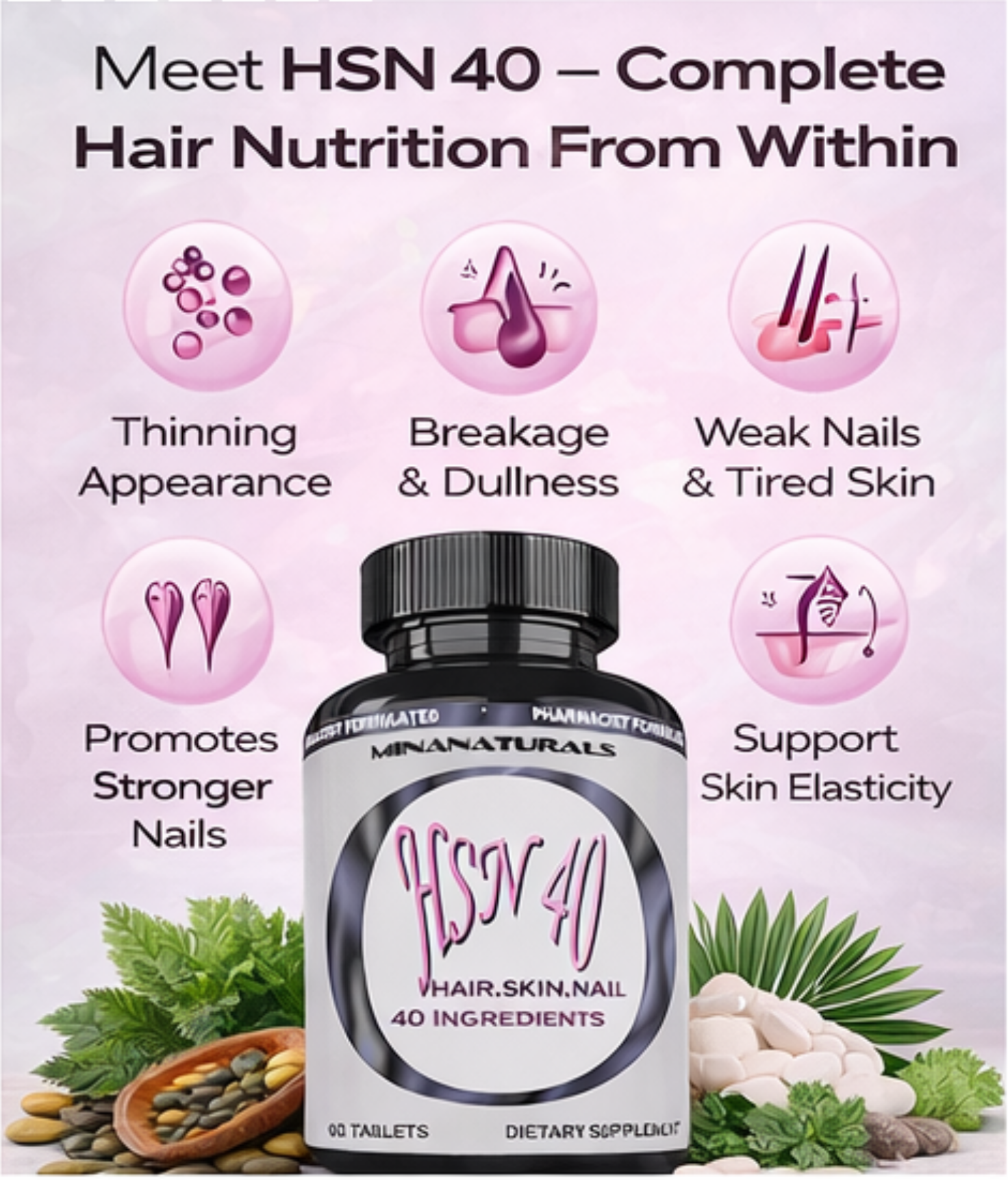 HSN 40 Hair Growth Vitamins – 40-Ingredient Hair, Skin & Nails Formula with 10,000 mcg Biotin, Collagen, Keratin & DHT Support – 60 Tablets