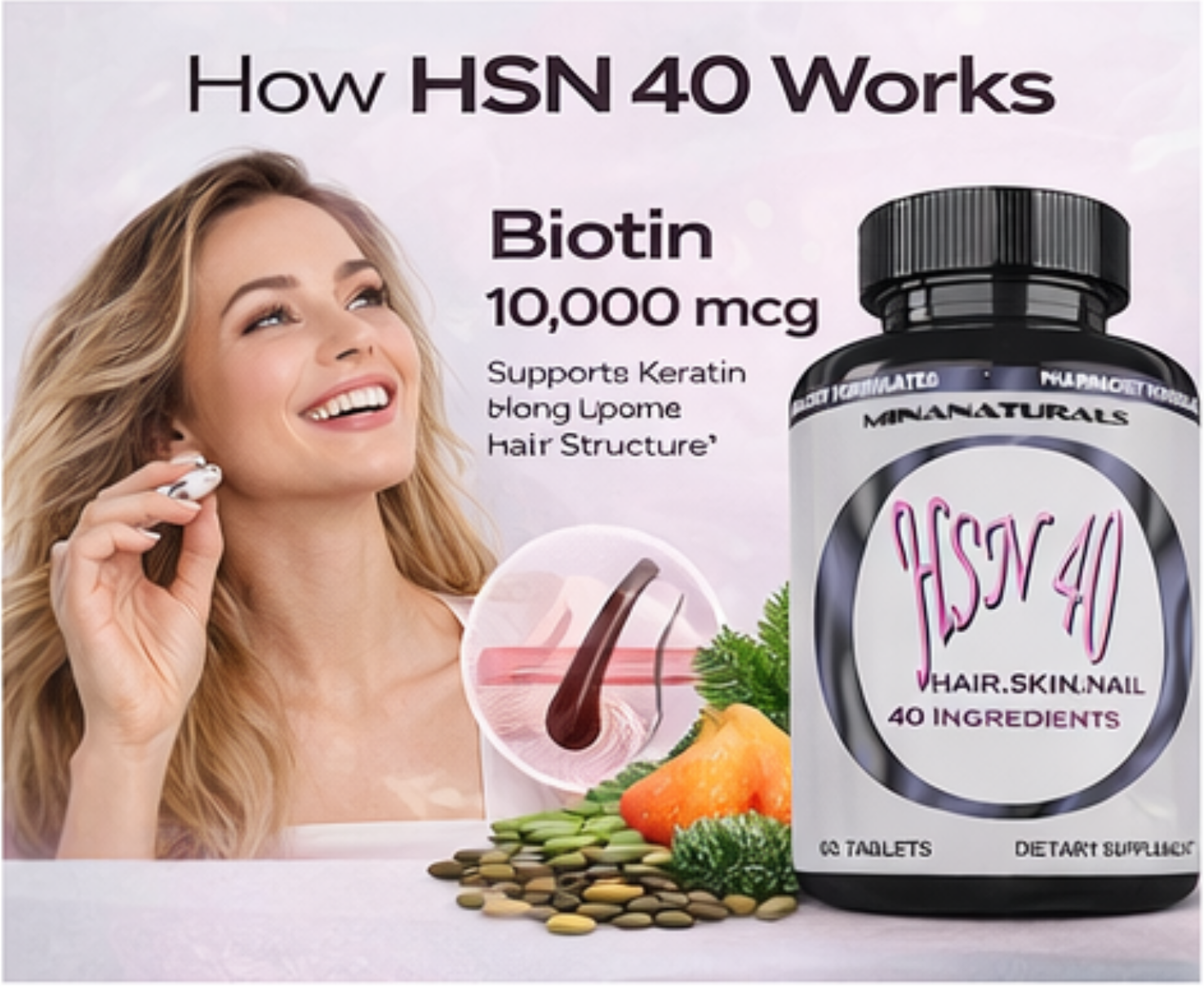HSN 40 Hair Growth Vitamins – 40-Ingredient Hair, Skin & Nails Formula with 10,000 mcg Biotin, Collagen, Keratin & DHT Support – 60 Tablets